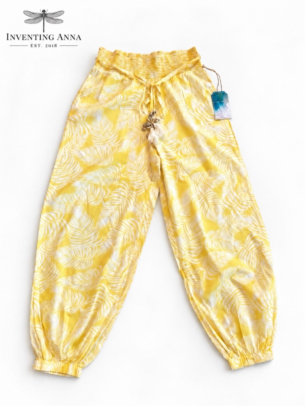 True Destinations Yellow White Tropical Harem Pants Smocked Waist Boho Resort